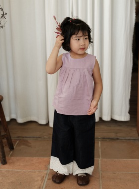 Cat&Flower女童褶皱无袖衫粉色圆领夏条透气亲肤上衣甜美公主风