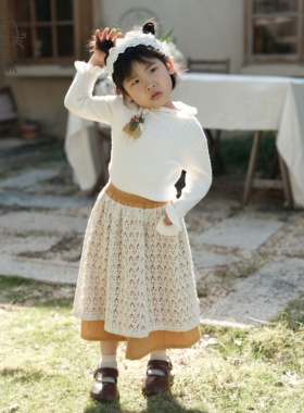 Cat&Flower女童撞色半身裙黄白色蕾丝提花秋季纯棉设计法式文艺风