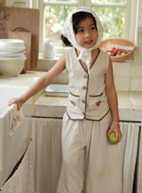 Cat&Flower童装儿童上衣刺绣小香风背心日系全棉短裤女童夏季套装