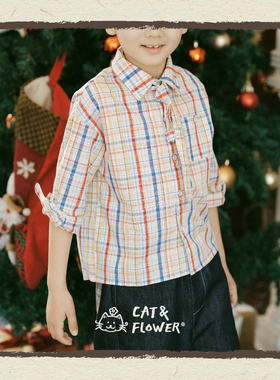 Cat&Flower儿童纯棉柔软经透气典格子男女同款彩虹搭配童真衬衫