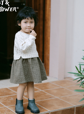 Cat&Flower儿童森系亲肤舒适保暖柔软亲肤假两件套装绿白连衣裙