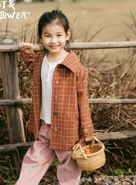Cat&Flower儿童大衣英伦风领型秋冬保暖格纹正休闲红色彩扣外套
