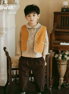 Cat&Flower童装男童咖啡棕灯芯绒直筒裤薄款秋夏防蚊复古九分长裤