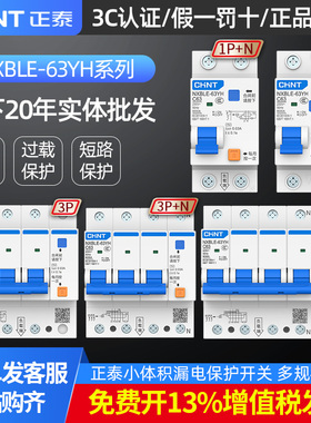 正泰小型漏电保护器NXBLE-63YH家用1P+N 32A两位空气开关带漏保2p