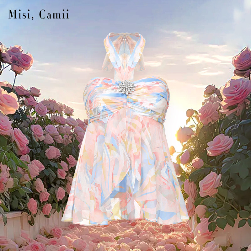 Misi.Camii夏季新款女装钻饰印花挂脖抹胸上衣时尚感显瘦休闲百搭
