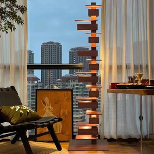 台风落地灯客厅复古实木高山流水别墅客厅设计师高级感卧室床头灯