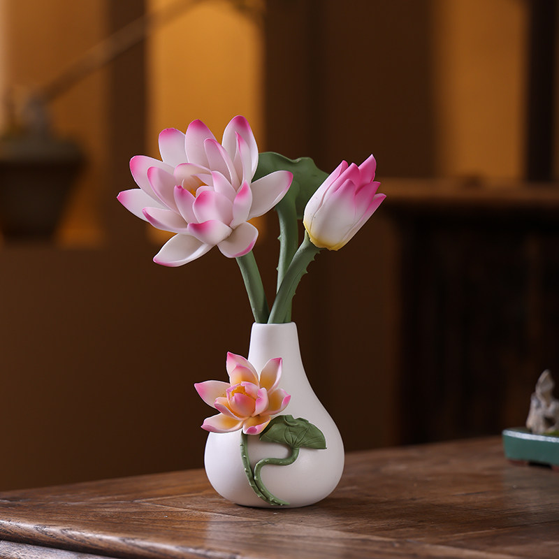 陶瓷手工仿真睡莲花枝佛堂供佛插花荷花瓶家居装饰摆件整套荷叶