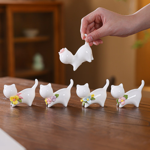 小猫陶瓷小摆件手捏花创意
