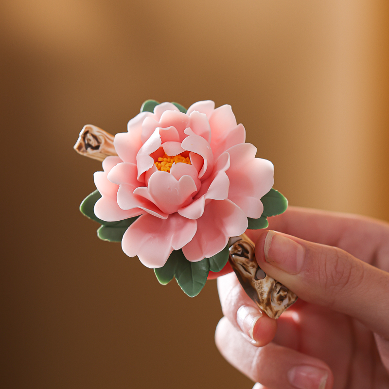 陶瓷手捏牡丹花线香插摆件