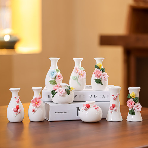 羊脂玉瓷手捏花小花器手工白瓷小花瓶茶桌茶室小摆件小花插精致瓶
