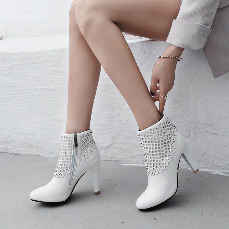 女靴女靴女鞋秋冬婚鞋白色红色高跟圆头工作大码短靴 40 48 yya