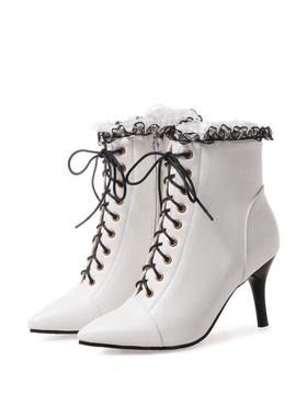 绿色白色靴子尖头女鞋系带高跟短靴花边大码靴子小码女靴 48 ASCP