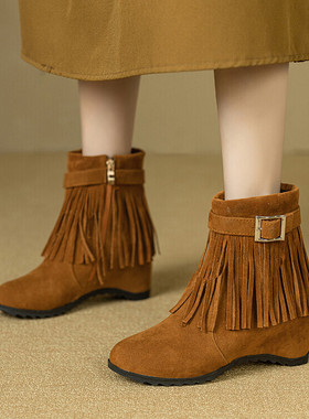 秋冬绒面学院圆头内增高高跟短靴女流苏靴棕黄色靴子大码女靴YGP