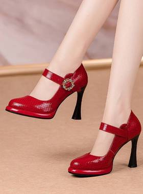 表演模特走秀圆头粗跟高跟浅口单鞋女红色婚鞋新娘鞋全皮真皮RQJ