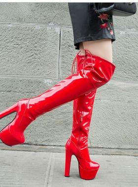 新款红色钢管舞性感舞台夜店圆头大码过膝长靴 46 小码 33 fwsx