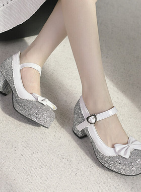春秋扣带蝴蝶结亮片粗跟中跟单鞋女金色银色蓝色红色婚鞋大码 JSS