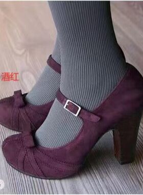 酒红色绿色蓝色白色红色婚鞋新娘鞋粗跟高跟单鞋女绒面大码女鞋FF