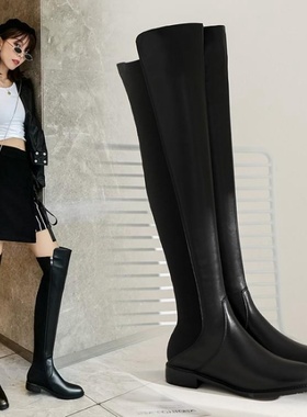 靴女显瘦女鞋低跟过膝长靴长筒弹力靴子女瘦靴牛皮真皮女靴 SLLM