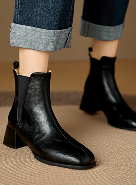 切尔西靴弹力瘦瘦靴皮靴粗跟中跟短靴女棕色靴子机车靴大码靴PCSA