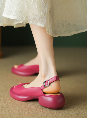 舒适新款夏季学生鞋平底厚底凉鞋女米白色玫红色鞋子真皮女鞋 SY