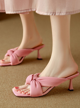 2024年夏季外穿方头淑女细高跟拖鞋女紫色米白色粉红色软皮凉拖XB