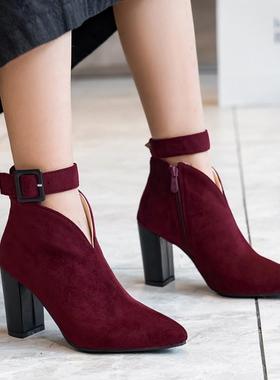 新款酒红色绿色婚鞋高跟尖头女鞋大码靴子小码女靴短靴 46 pcsa