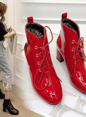大小女鞋圆头高跟短靴红色靴子婚鞋系带大码女靴马丁靴 45 naI