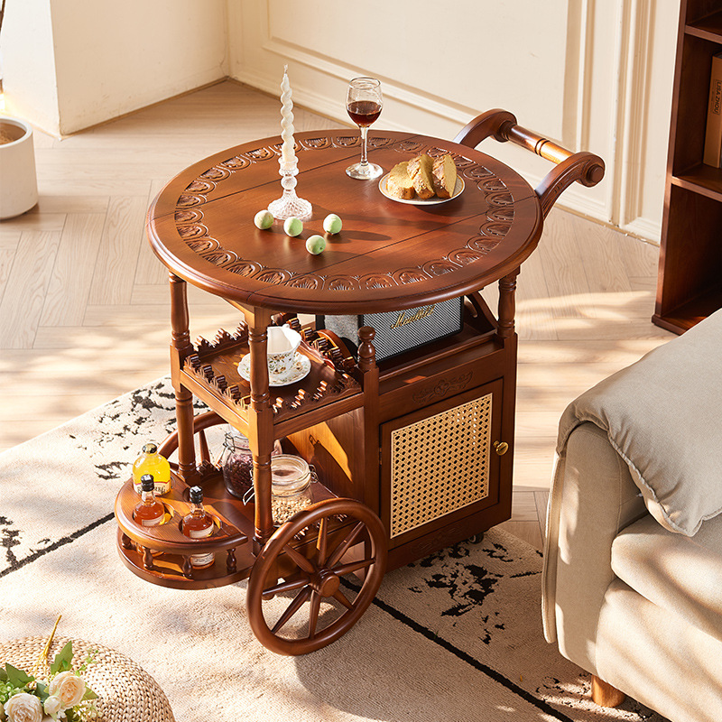 法式实木酒架车美式复古可移动推车茶几中古风折叠桌面家用小茶车