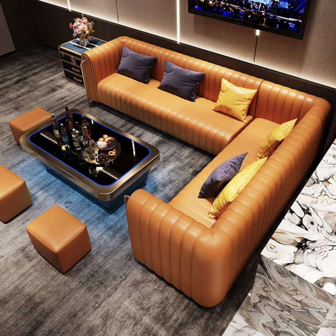 轻奢商务ktv沙发L型沙发茶几组合酒吧会所清吧派对房包厢卡座