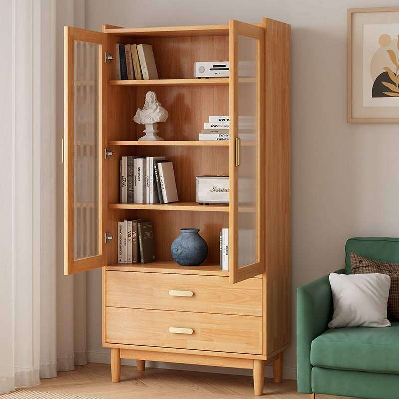 实木北欧书柜带玻璃门书橱简约现代储物柜客厅展示柜落地书架