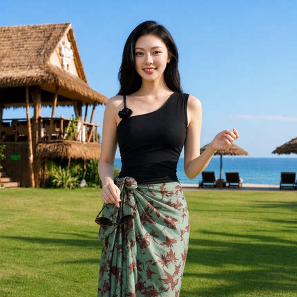 纯欲性感法式泳装女2026新款单肩印花围裹裙两件套显瘦度假游泳衣