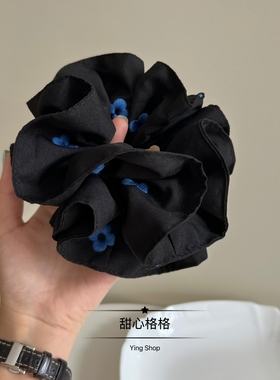 蓝色刺绣小花~韩国小蛮腰大肠发圈气质高级感扎马尾发绳头绳发饰