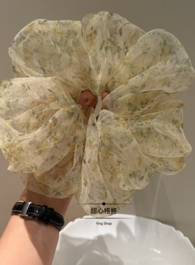 大朵超仙轻纱～超大号氛围感碎花大肠发圈肥肠浅黄色头花韩国发饰