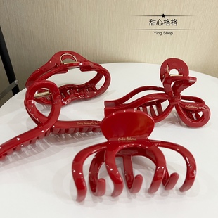 带金标 高级感酒红色抓夹女大号发夹后脑勺盘发发卡新年头饰发饰