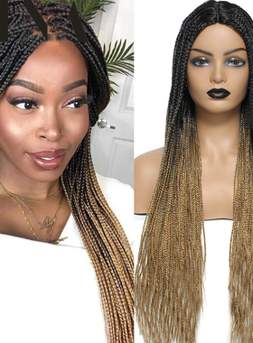 26inche box braid wig三股辫中分无蕾丝黑色棕色长直发帽假发套