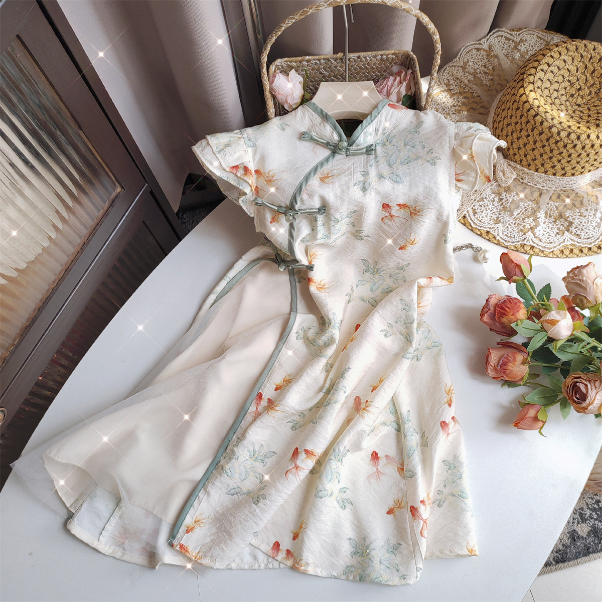 女童新中式奧黛小飛袖旗袍短袖裙