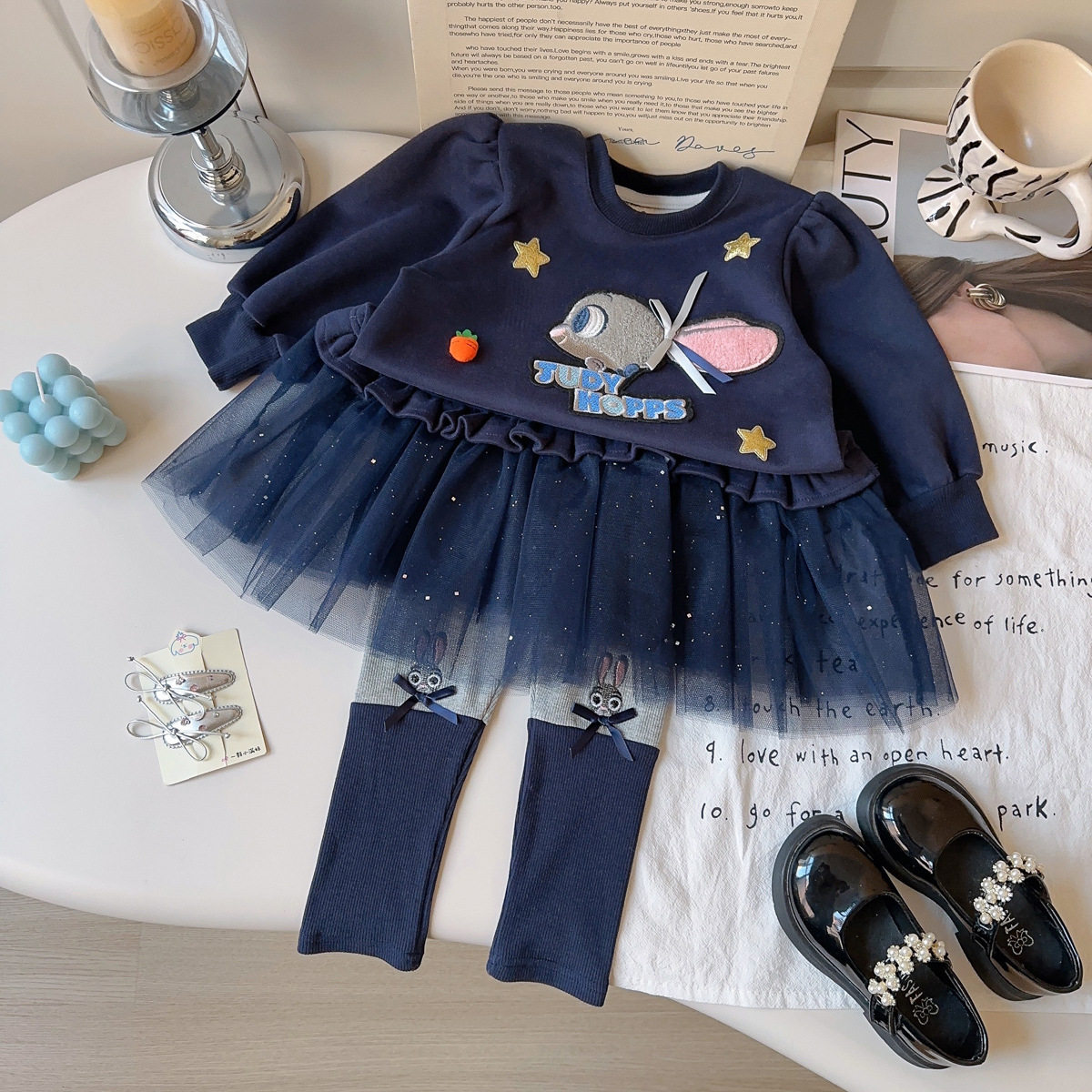 女童卡通兔警官套装2026春季新款洋气时髦网纱卫衣裙打底裤两件套