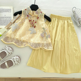 女童夏季套装2026新款洋气小女孩黄色新中式旗袍上衣阔腿裤两件套