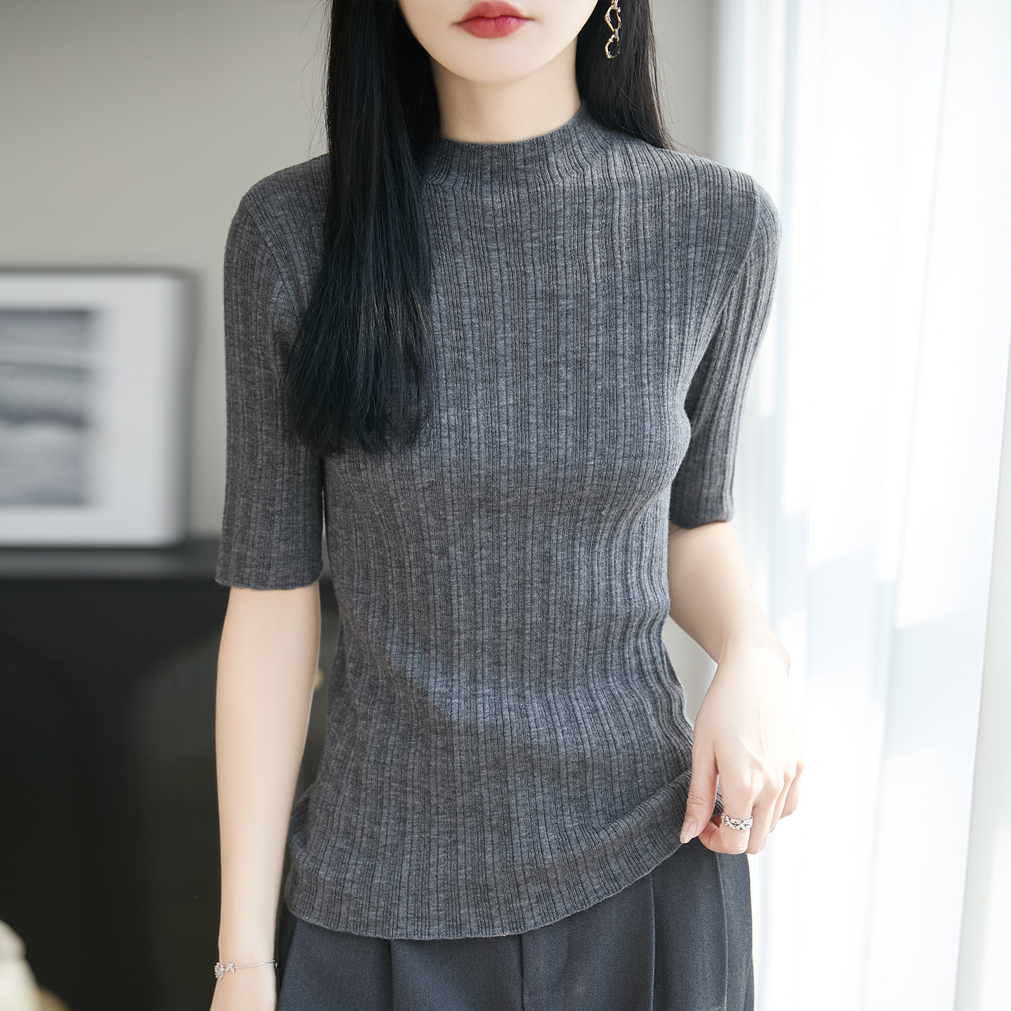 软糯如云 半高领超细羊毛衫女五分袖t恤打底衫中袖内搭修身薄款夏