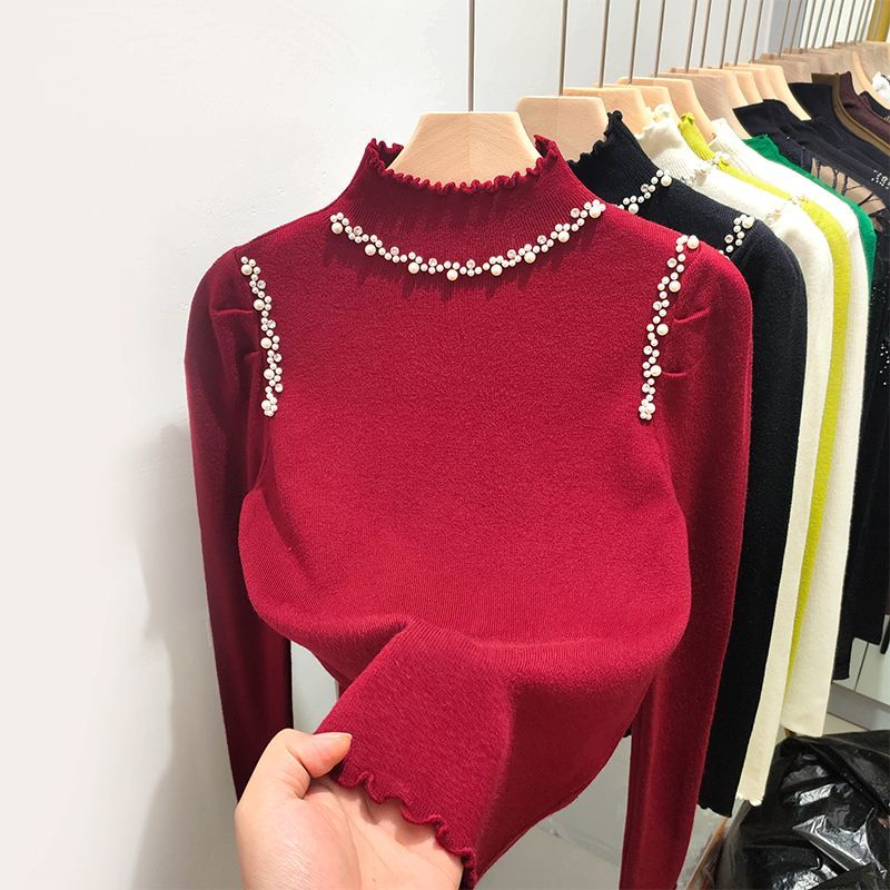 木耳边珍珠半高领打底衫毛衣女2024秋冬新款韩版显瘦修身内搭上衣