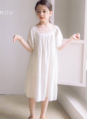 韩国女大童童装女孩睡衣公主裙白色学生夏季短袖家居服睡裙连衣裙