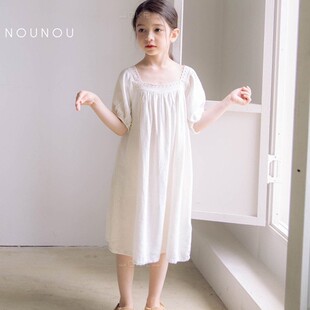 韩国女大童童装女孩睡衣公主裙白色学生夏季短袖家居服睡裙连衣裙