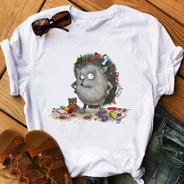 cute hedgehog tshirt可爱刺猬卡通女装大码圆领休闲宽松t恤女夏