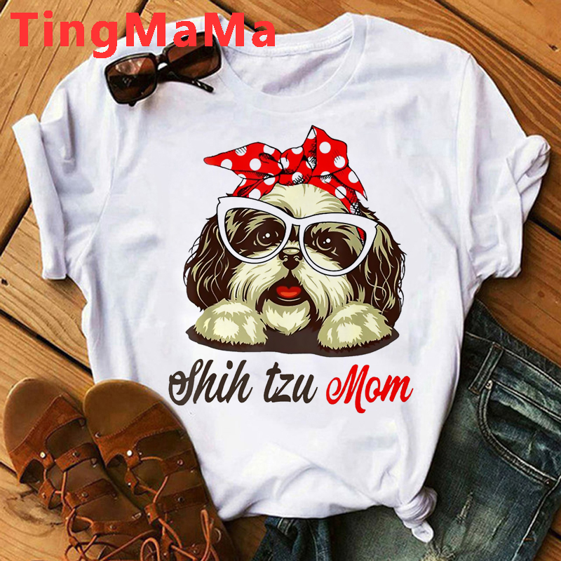 Shih Tzu Mom T-shir可爱卡通西施犬狗狗网红欧美ins女士上衣复古