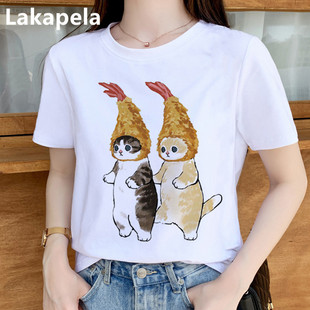 TShirt可爱卡通搞笑猫咪甜美白色t恤女短袖 个性 Cartoon Cat 印花