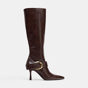 ZA2025秋冬靴子复古显瘦高筒靴尖头长筒靴女细跟金属扣棕色高跟靴