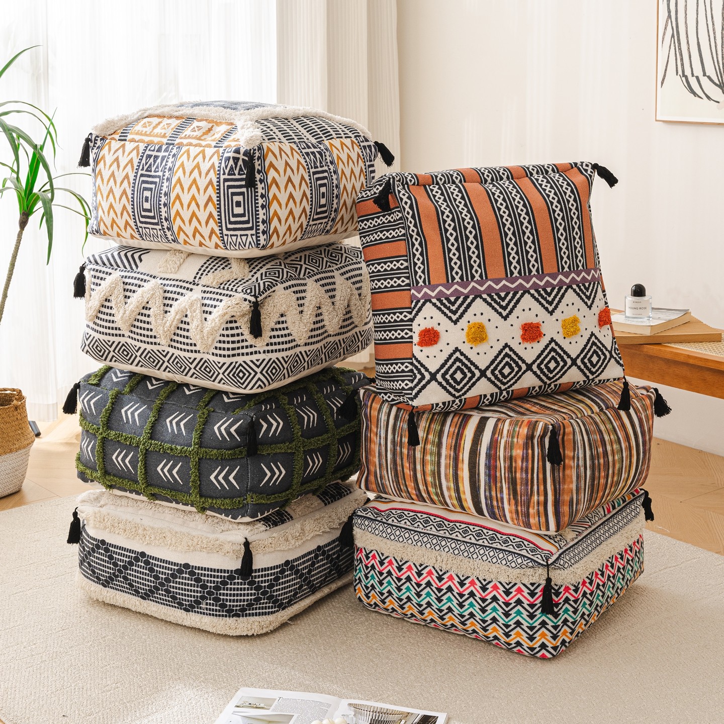 费尔岛风几何图案方形复古蒲团坐垫家居客厅卧室流苏装饰收纳凳,居家布艺,蒲团,淘宝优惠券,粉丝福利购,淘宝优惠卷