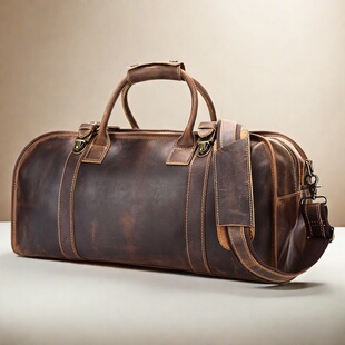 疯马皮男士手提旅行包休闲商务头层牛皮旅行袋大容量真皮健身包