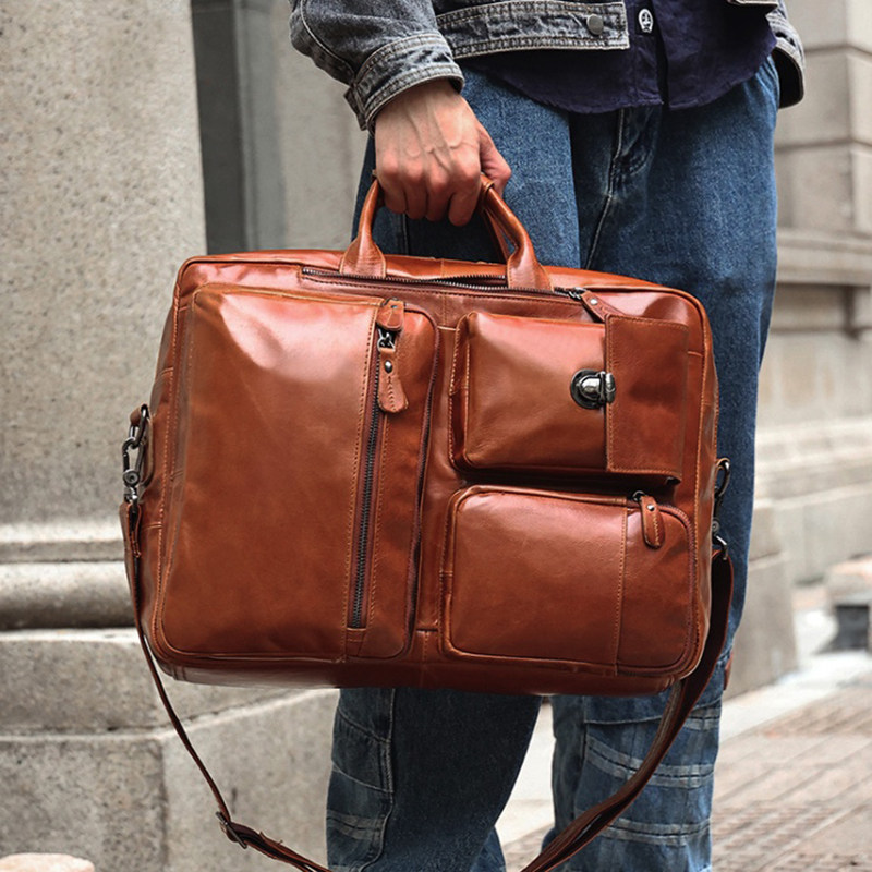 新款头层牛皮公文包男商务纯色大手提单肩双肩包多用包真皮电脑包