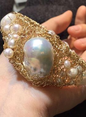 新款手工手镯进口14K包金天然巴洛克纯手工绕线制作保色防过敏